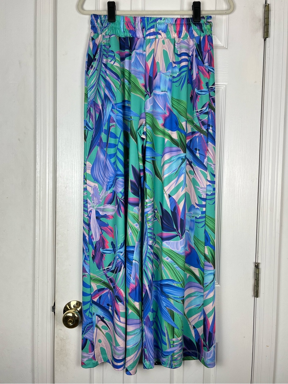 One World Tropical Floral Mint Flowy Wide Leg Pull On Pants Sz PM Beach
